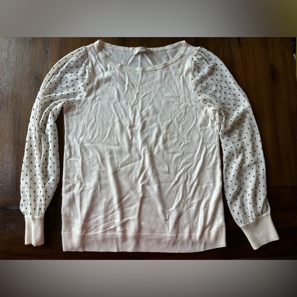 LOFT White Sweater with Sheer Polka Dot Sleeves- size Medium